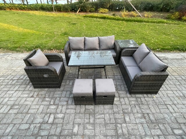 Rackhams 8 Seater Outdoor Rattan Garden Furniture Set Patio Lounge Sofa Set with Dining Table Side Table 2 Small Footstools Dark Grey Mixed - image 1
