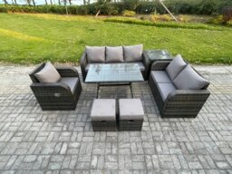 Rackhams 8 Seater Outdoor Rattan Garden Furniture Set Patio Lounge Sofa Set with Dining Table Side Table 2 Small Footstools Dark Grey Mixed - thumbnail 1
