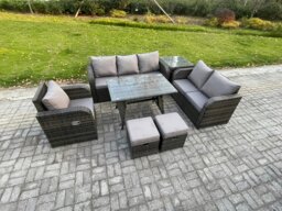 Rackhams 8 Seater Outdoor Rattan Garden Furniture Set Patio Lounge Sofa Set with Dining Table Side Table 2 Small Footstools Dark Grey Mixed - thumbnail 2
