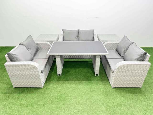 Rackhams 6 Seater Patio Garden Furniture Sets with Black Glass Top Dining Table Love Sofa 2 Side Tables Light Grey - image 1