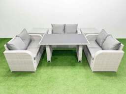 Rackhams 6 Seater Patio Garden Furniture Sets with Black Glass Top Dining Table Love Sofa 2 Side Tables Light Grey