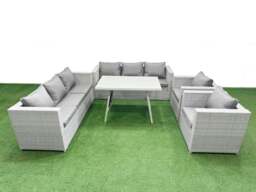 Rackhams 8 Seater Garden Furniture Set PE Ratten Garden Sofa Set with Rectangular Dining Table Light Grey - thumbnail 1