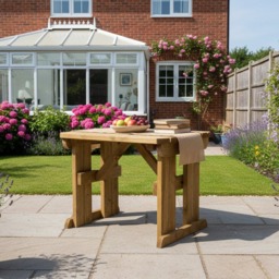 Rackhams Hollies Rounded Wooden Garden Table, Outdoor Picnic Dining Desk - Rustic Finish - Without expert assembly - 240cm - thumbnail 4