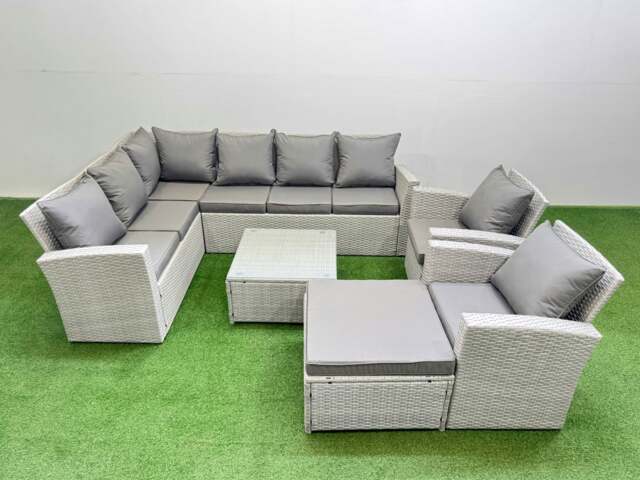Rackhams Outdoor Rattan Garden Furniture Set 9 Seater Corner Sofa Sets with Square Coffee Table Chair Big Footstool Light Grey Mixed - image 1