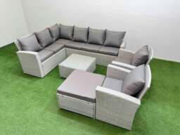 Rackhams Outdoor Rattan Garden Furniture Set 9 Seater Corner Sofa Sets with Square Coffee Table Chair Big Footstool Light Grey Mixed - thumbnail 2