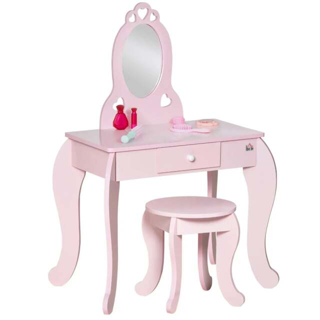 Rackhams Kids Vanity Table & Stool Girls Dressing Set Make Up Desk Chair Dresser Play Set with Mirror Pink - image 1
