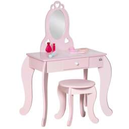Rackhams Kids Vanity Table & Stool Girls Dressing Set Make Up Desk Chair Dresser Play Set with Mirror Pink - thumbnail 1