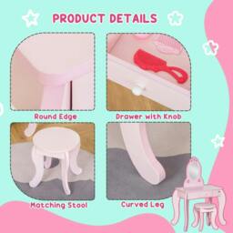 Rackhams Kids Vanity Table & Stool Girls Dressing Set Make Up Desk Chair Dresser Play Set with Mirror Pink - thumbnail 6