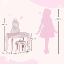 Rackhams Kids Vanity Table & Stool Girls Dressing Set Make Up Desk Chair Dresser Play Set with Mirror Pink - thumbnail 3