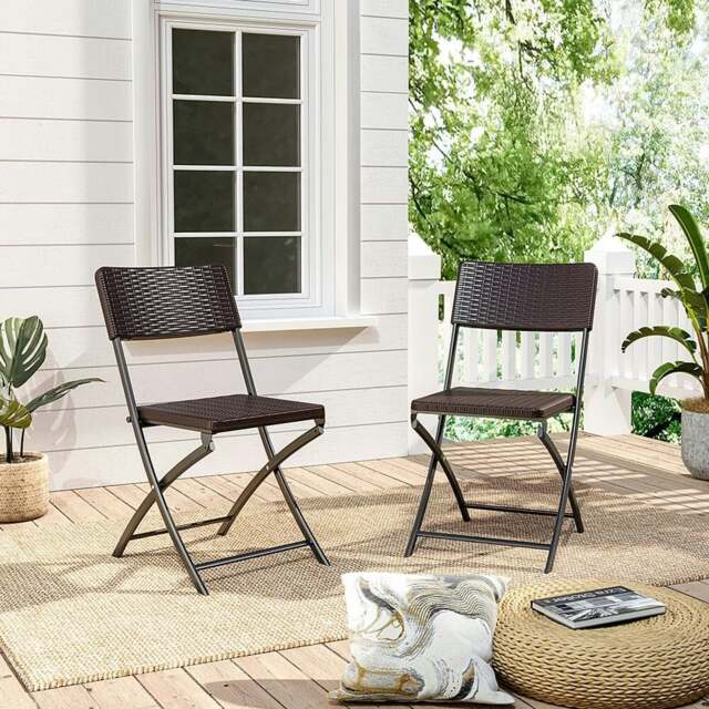Rackhams Set of 2 Outdoor Rattan Plastic Folding Chairs for Parties Events and More - Brown - image 1