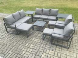 Rackhams Aluminium Outdoor Garden Furniture Set Patio Lounge Sofa with Square Coffee Table 2 Side Tables 2 Armchairs 3 Footstools Dark Grey - thumbnail 2