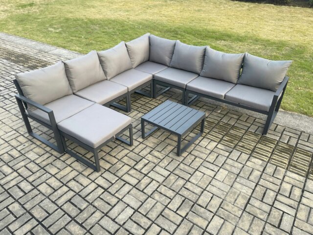 Rackhams Outdoor Garden Furniture Patio Lounge Corner Sofa Aluminium Set with Square Coffee Table Big Footstool Dark Grey