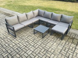 Rackhams Outdoor Garden Furniture Patio Lounge Corner Sofa Aluminium Set with Square Coffee Table Big Footstool Dark Grey - thumbnail 2