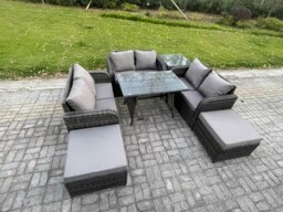 Rackhams Outdoor Rattan Garden Furniture Set 8 Seater Patio Love Sofa Set with Rectangular Dining Table 2 Big Footstool Side Table Dark Grey Mixed - thumbnail 2