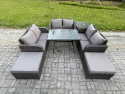 Rackhams Outdoor Rattan Garden Furniture Set 8 Seater Patio Love Sofa Set with Rectangular Dining Table 2 Big Footstool Side Table Dark Grey Mixed - thumbnail 1