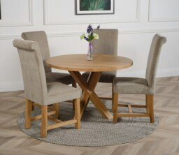 Rackhams Oregon Round Oak Dining Table with Washington Fabric Chairs - 1 - 4 chairs - Grey
