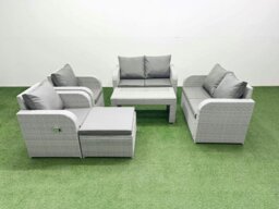 Rackhams 7 Seater Outdoor Reclining Chair Love Sofa Set Rattan Garden Furniture Set with Oblong Coffee Table Footstool Light Grey - thumbnail 1