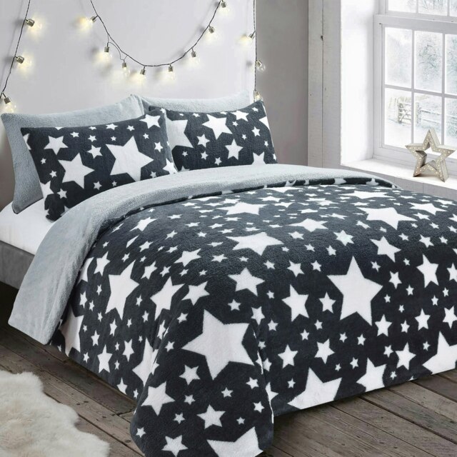 Rackhams Galaxy Teddy Fluffy and Warm Fleece Duvet Cover Set - Grey - Single - image 1
