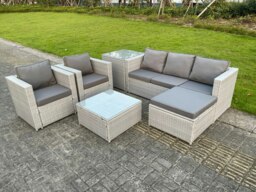 Rackhams 6 Seat Light Grey Lounge Outdoor PE Rattan Garden Furniture Set Wicker Sofa Set Square Coffee Table Armchair - thumbnail 1