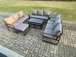 Rackhams Aluminium Outdoor Garden Furniture Set Lounge Sofa Oblong Coffee Table 3 Footstools Side Table Sets with Cushions Dark Grey 12 Seater - thumbnail 1