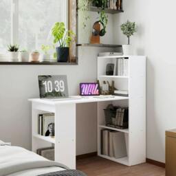 Rackhams 120cm Computer Desk, Wooden PC Laptop Table with 6-Tier Storage Bookshelves, Home Office Working Study Desk, Writing Workstation, White - thumbnail 2