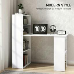 Rackhams 120cm Computer Desk, Wooden PC Laptop Table with 6-Tier Storage Bookshelves, Home Office Working Study Desk, Writing Workstation, White - thumbnail 4