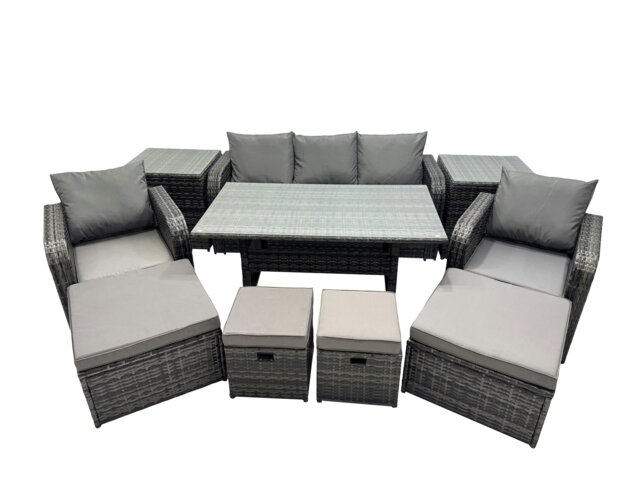 Rackhams 8 Seat Outdoor Wicker PE Rattan Garden Furniture Set Dining Table Sofa Set with 4 Stools 2 Side Tables Dark Grey Mixed - image 1