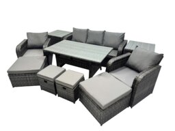 Rackhams 8 Seat Outdoor Wicker PE Rattan Garden Furniture Set Dining Table Sofa Set with 4 Stools 2 Side Tables Dark Grey Mixed - thumbnail 2