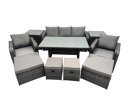 Rackhams 8 Seat Outdoor Wicker PE Rattan Garden Furniture Set Dining Table Sofa Set with 4 Stools 2 Side Tables Dark Grey Mixed - thumbnail 1