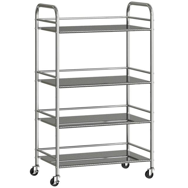 Rackhams 4 Tier Stainless Steel Kitchen Storage Trolley with Adjustable Shelves - Silver