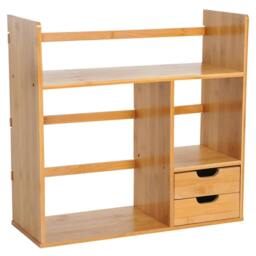 Rackhams Desk Organiser Compartments Desktop Bookshelf Stationery Storage Shelf Document File Holder with 2 Drawers 2-way Reversed Use Bamboo - thumbnail 1