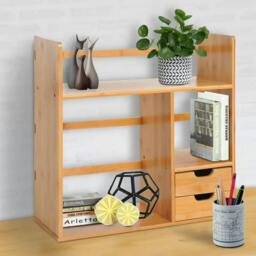 Rackhams Desk Organiser Compartments Desktop Bookshelf Stationery Storage Shelf Document File Holder with 2 Drawers 2-way Reversed Use Bamboo - thumbnail 2