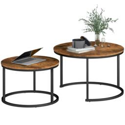 Rackhams Marble Coffee Table Set of 2, Round Nest of Tables, Rustic Brown - Rustic brown tabletop, matte black frame - Rustic brown veneer - Steel frame: 20x20x0.8mm - thumbnail 2