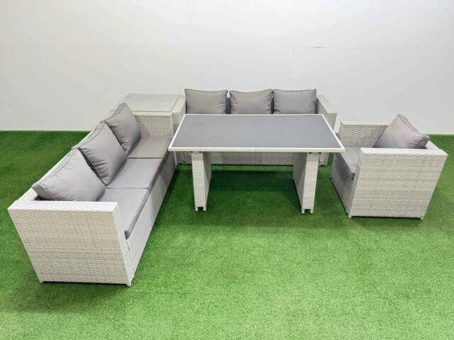 Rackhams Patio Garden Furniture Sets with Black Glass Top Dining Table 3 Seater Sofa Armchair Side Table Light Grey - image 1