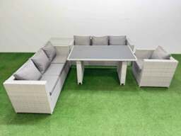 Rackhams Patio Garden Furniture Sets with Black Glass Top Dining Table 3 Seater Sofa Armchair Side Table Light Grey