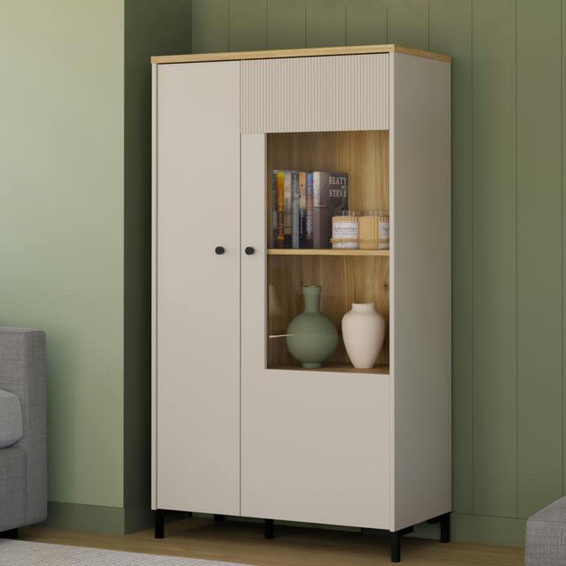 Rackhams Bixbite Display Cabinet with Fluted Detail, Doors & Open Shelving in Mauvella Oak and Sand - W 83.1 X H 149.4 X D 41.9cm - 1 - Manufactured Wood - image 1