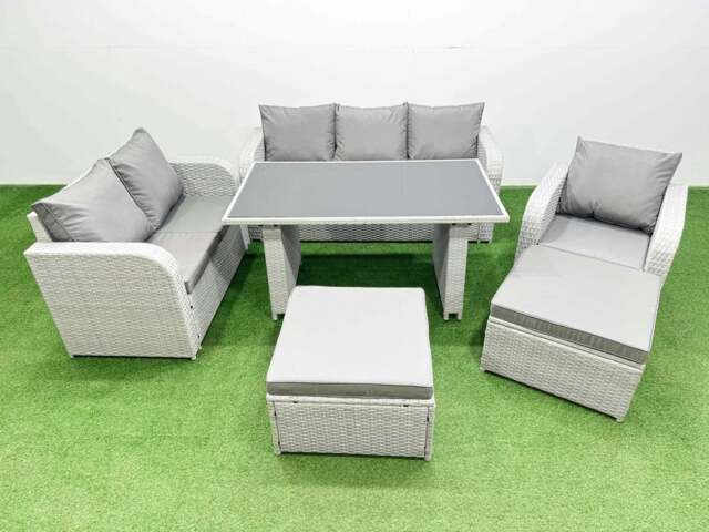 Rackhams Rattan Outdoor Table Reclining Chair Sofa Set with 2 Big Stools Light Grey 8 Seater - image 1