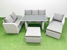 Rackhams Rattan Outdoor Table Reclining Chair Sofa Set with 2 Big Stools Light Grey 8 Seater - thumbnail 1
