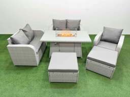 Rackhams High Back Rattan Garden Furniture Set with Reclining Chair Loveseat Sofa Fire Pit Dining Table Indoor Outdoor Patio Set 2 Big Stool Light Grey - thumbnail 1