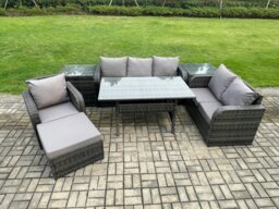 Rackhams 7 Piece Rattan Garden Furniture Set with Patio Sofa Rectangular Dining Table 2 Side Table Big Footstool Indoor Conservatory Patio Set - thumbnail 1