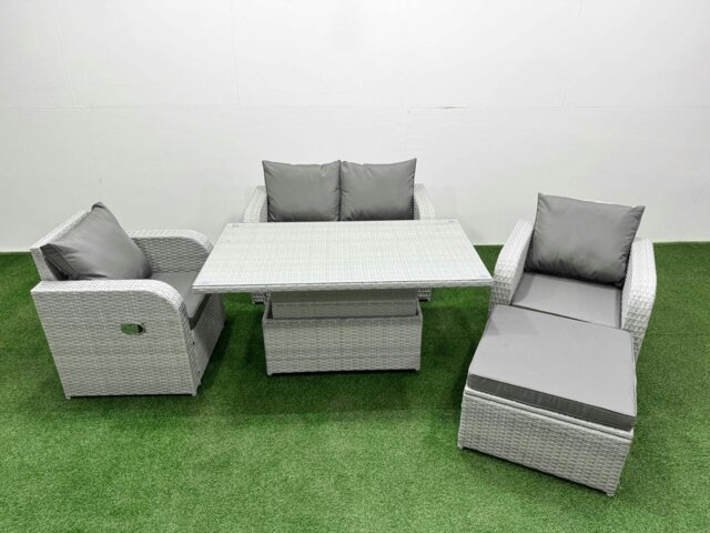 Rackhams Light Grey PE Wicker Rattan Garden Furniture Set Sofa Set Reclining Chair Adjustable Lifting Dining or Coffee Table 5 Seater With Footstool - image 1