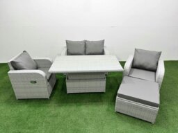 Rackhams Light Grey PE Wicker Rattan Garden Furniture Set Sofa Set Reclining Chair Adjustable Lifting Dining or Coffee Table 5 Seater With Footstool - thumbnail 1