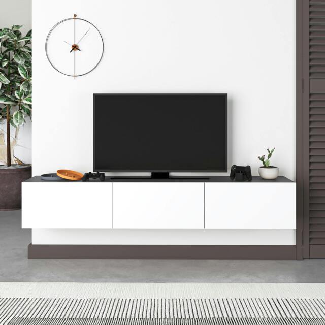 "Rackhams Francy Modern Wall Mounted TV Unit 55"" Multimedia Centre 180cm - Anthracite Grey White" - image 1