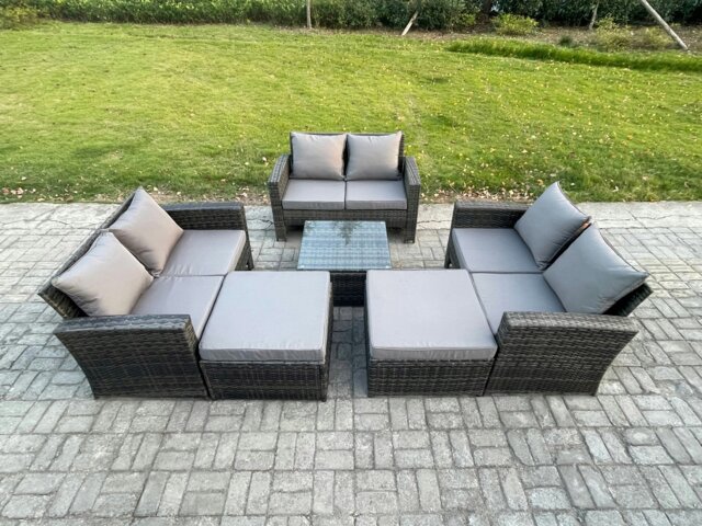 Rackhams 8 Seater Outdoor Rattan Garden Furniture Set Conservatory Patio Sofa Coffee Table Set with 2 Big Footstool Dark Grey Mixed - image 1