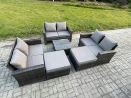 Rackhams 8 Seater Outdoor Rattan Garden Furniture Set Conservatory Patio Sofa Coffee Table Set with 2 Big Footstool Dark Grey Mixed - thumbnail 2