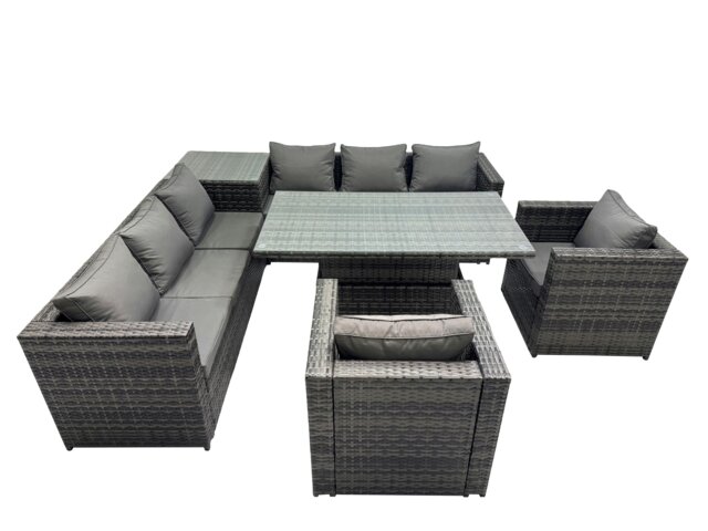 Rackhams 8 Seater Outdoor Corner Sofa Height Adjustable Rising Lifting Table Set Garden Rattan Furniture Set with Side Table Dark Grey - image 1