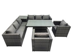 Rackhams 8 Seater Outdoor Corner Sofa Height Adjustable Rising Lifting Table Set Garden Rattan Furniture Set with Side Table Dark Grey - thumbnail 1