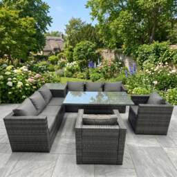 Rackhams 8 Seater Rattan Furniture Set with Corner Sofa, Height Adjustable Rising Table, 2 Chairs & Side Table - Dark Grey