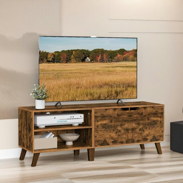 Rackhams 140CM Wide TV Stand Cabinet With Shelves Rustic Brown - image 1