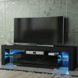 Rackhams 160cm TV Unit – Modern TV Stand Cabinet with Black High Gloss and Free LED - 160 cm - 1 - Black Matt Body & Black Gloss Doors - thumbnail 3